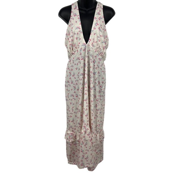 Suzanne Betro Floral Ruffle Halter Maxi Dress Size 8 Cream Pink V-Neck Women New - Picture 1 of 11